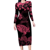 Personalised Polynesian Turtle Ribbon Long Sleeve Bodycon Dress Think Pink Breast Cancer With Pacific Hibiscus LT9 Long Dress Pink - Polynesian Pride