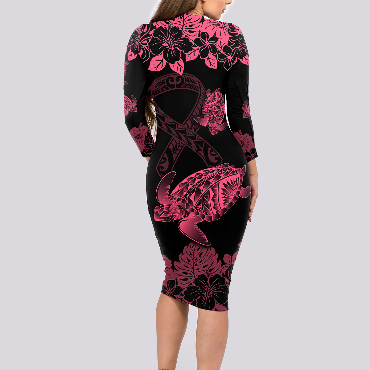Personalised Polynesian Turtle Ribbon Long Sleeve Bodycon Dress Think Pink Breast Cancer With Pacific Hibiscus LT9 - Polynesian Pride
