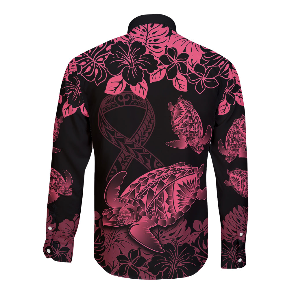 Personalised Polynesian Turtle Ribbon Long Sleeve Button Shirt Think Pink Breast Cancer With Pacific Hibiscus LT9 - Polynesian Pride