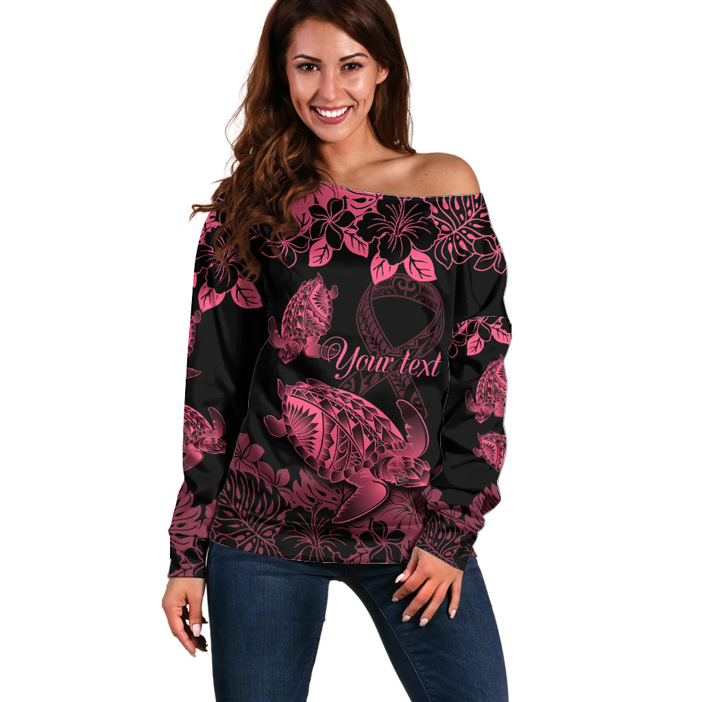 Personalised Polynesian Turtle Ribbon Off Shoulder Sweater Think Pink Breast Cancer With Pacific Hibiscus LT9 Women Pink - Polynesian Pride