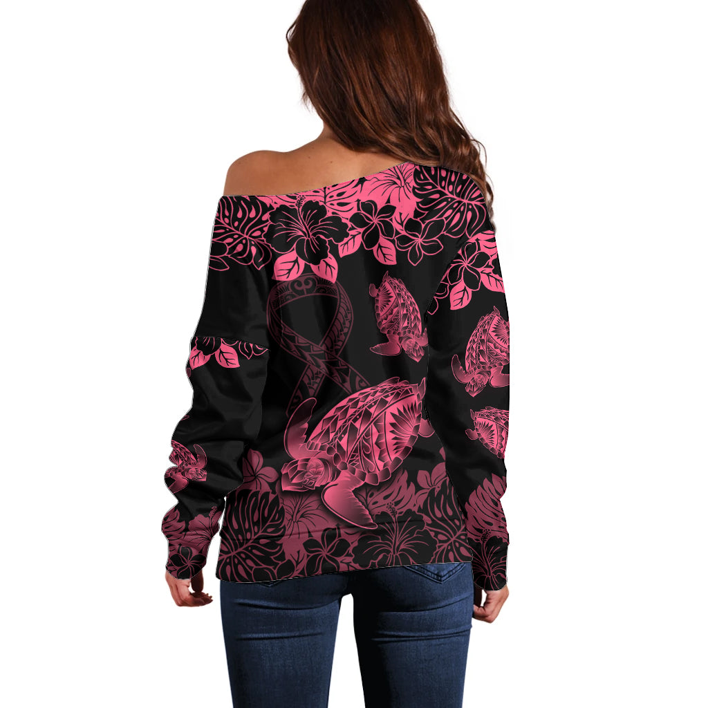 Personalised Polynesian Turtle Ribbon Off Shoulder Sweater Think Pink Breast Cancer With Pacific Hibiscus LT9 - Polynesian Pride