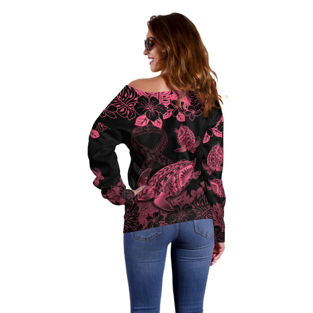 Personalised Polynesian Turtle Ribbon Off Shoulder Sweater Think Pink Breast Cancer With Pacific Hibiscus LT9 - Polynesian Pride