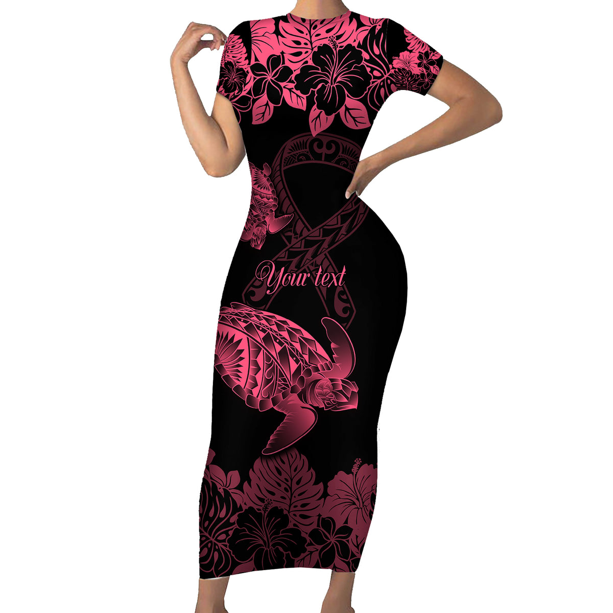 Personalised Polynesian Turtle Ribbon Short Sleeve Bodycon Dress Think Pink Breast Cancer With Pacific Hibiscus LT9 Long Dress Pink - Polynesian Pride