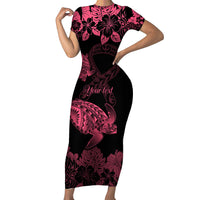 Personalised Polynesian Turtle Ribbon Short Sleeve Bodycon Dress Think Pink Breast Cancer With Pacific Hibiscus LT9 Long Dress Pink - Polynesian Pride