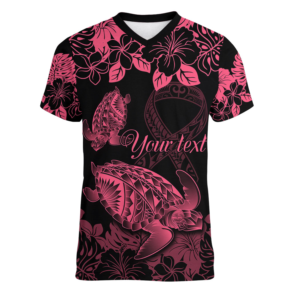 personalised-polynesian-turtle-ribbon-women-v-neck-t-shirt-think-pink-breast-cancer-with-pacific-hibiscus