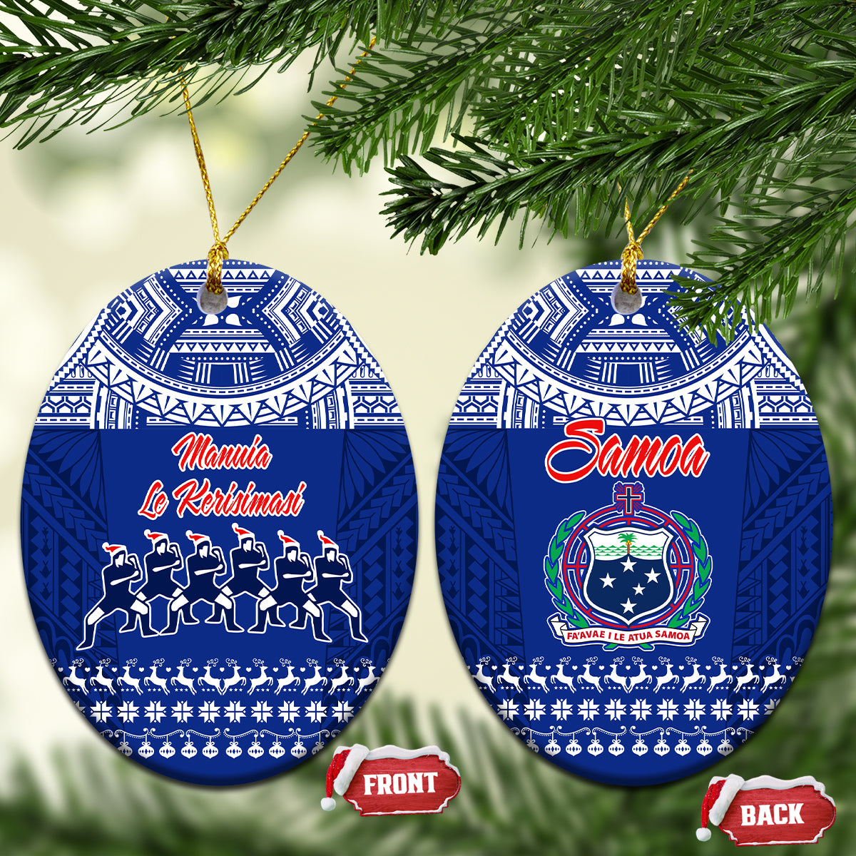 Toa Samoa Christmas Ceramic Ornament Samoa Siva Tau Manuia Le Kerisimasi Blue Vibe LT9 Oval Blue - Polynesian Pride