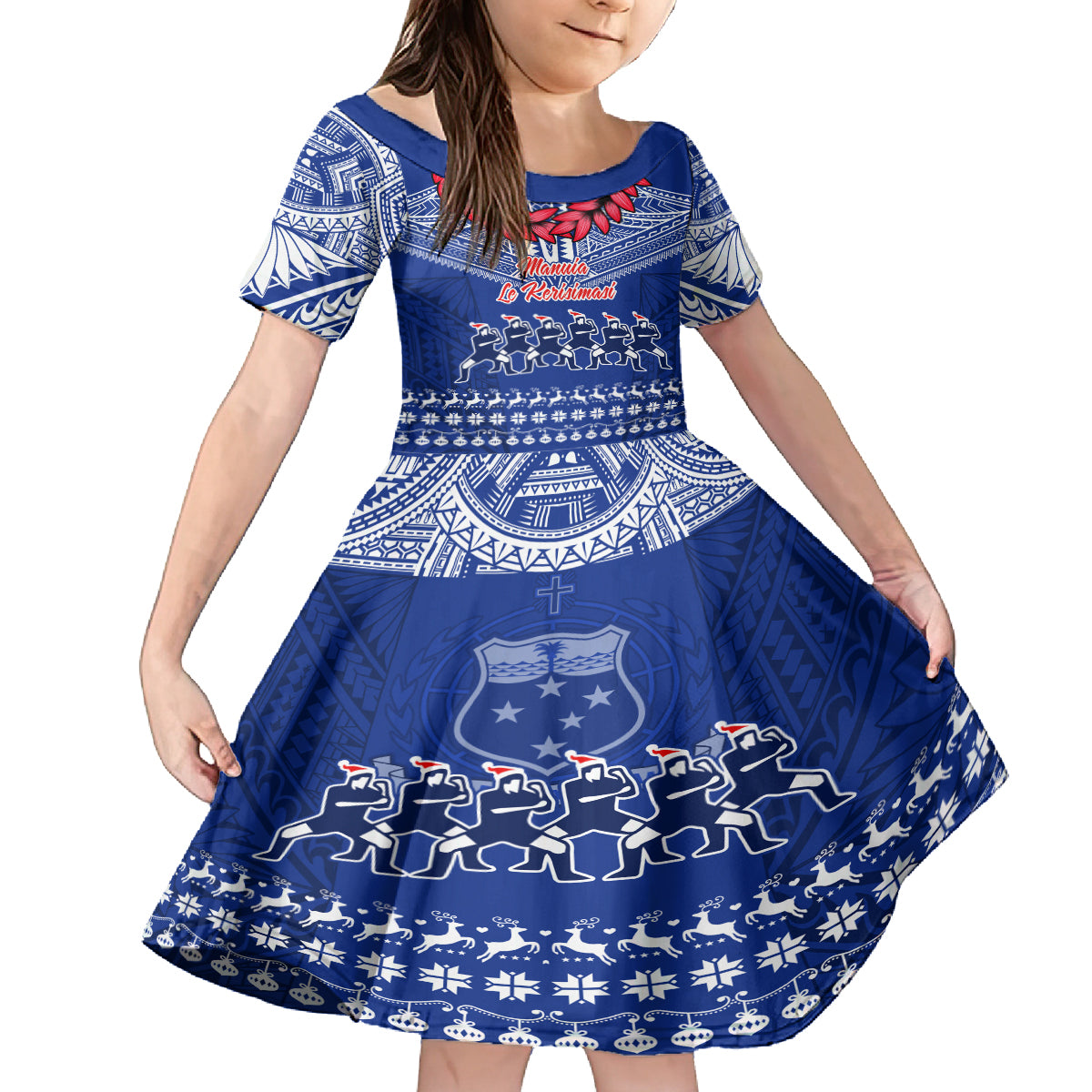 Personalised Toa Samoa Christmas Kid Short Sleeve Dress Samoa Siva Tau Manuia Le Kerisimasi Blue Vibe LT9 KID Blue - Polynesian Pride