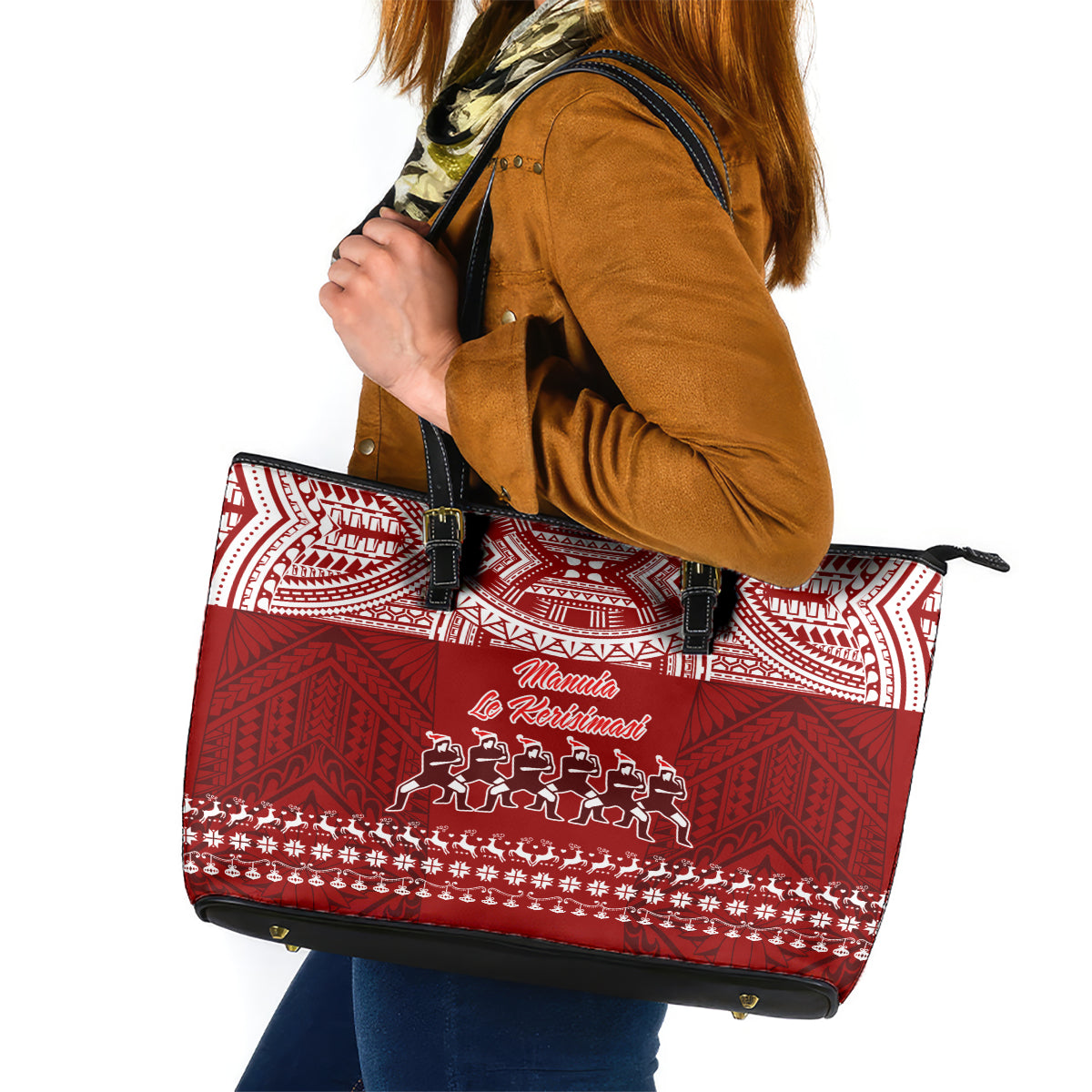 Toa Samoa Christmas Leather Tote Bag Samoa Siva Tau Manuia Le Kerisimasi Red Vibe LT9 Red - Polynesian Pride