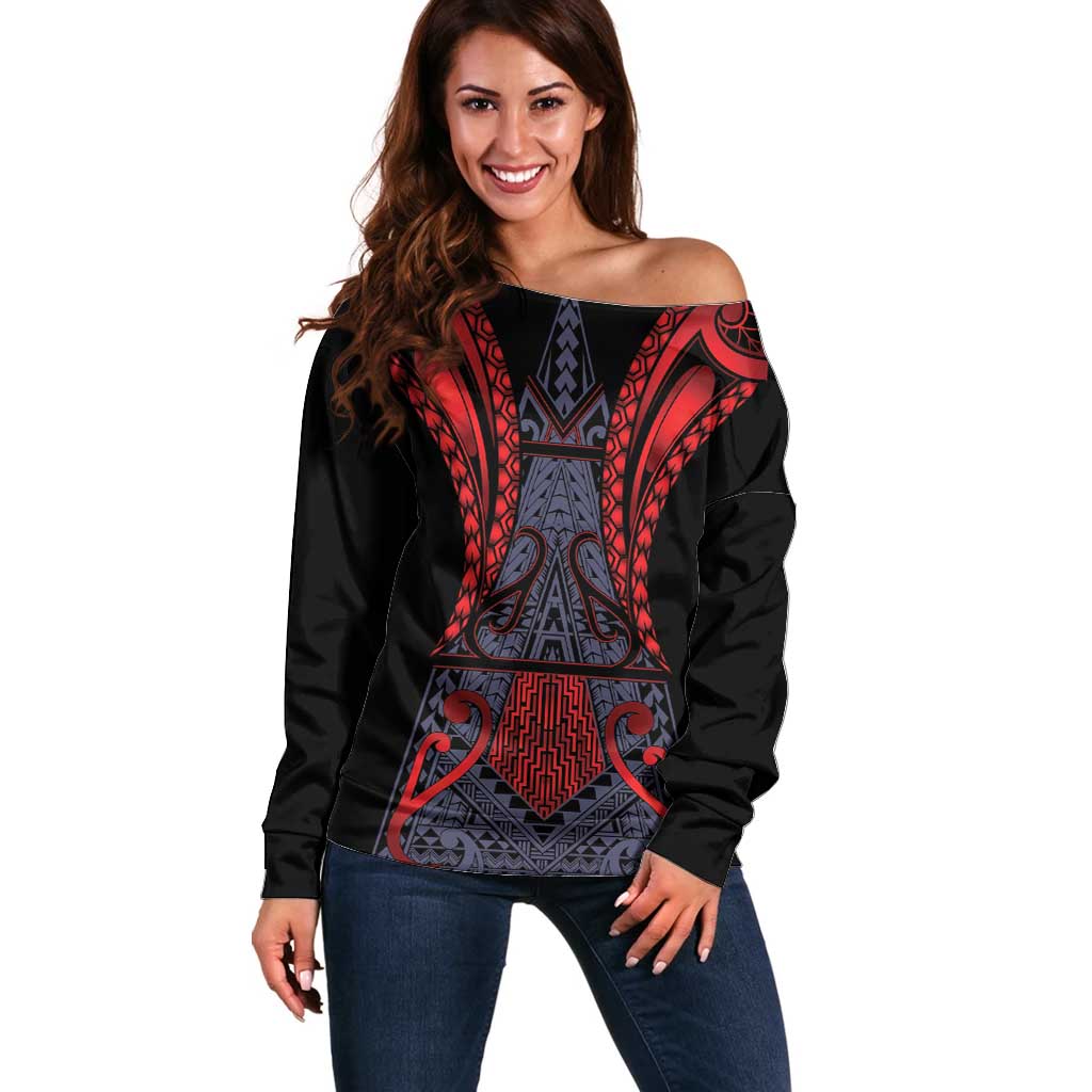 Custom New Zealand Off Shoulder Sweater Maori Kiwiana Pattern Tukutuku Motif LT9 Women Red - Polynesian Pride