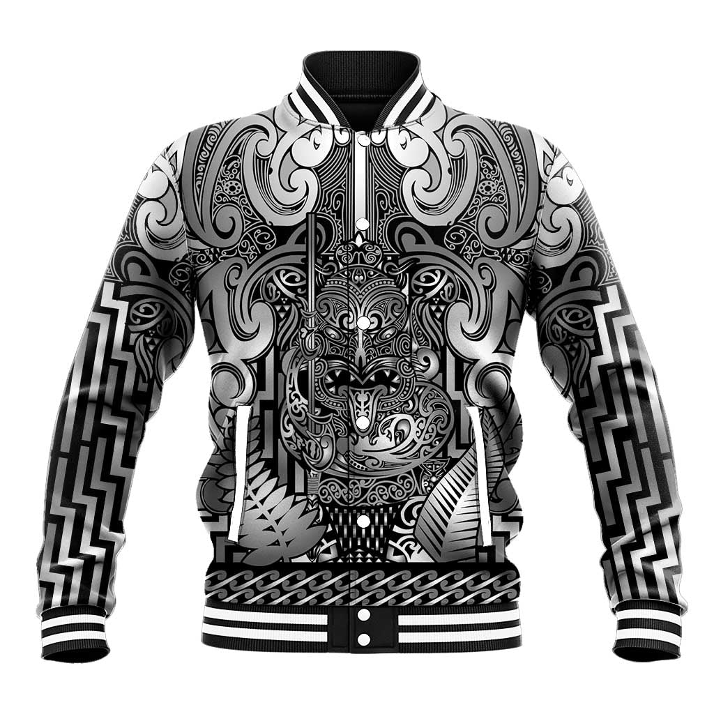 Custom New Zealand Taiaha Maori Baseball Jacket Kiwikiwi Minimalist Silver Fern Tukutuku Motif LT9 Unisex White - Polynesian Pride