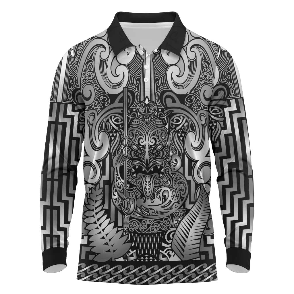 Custom New Zealand Taiaha Maori Long Sleeve Polo Shirt Kiwikiwi Minimalist Silver Fern Tukutuku Motif LT9 White - Polynesian Pride