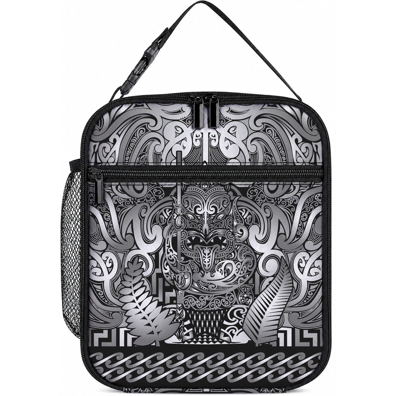 New Zealand Taiaha Maori Lunch Bag Kiwikiwi Minimalist Silver Fern Tukutuku Motif LT9 10.2 × 8.3 × 4.3 inch White - Polynesian Pride
