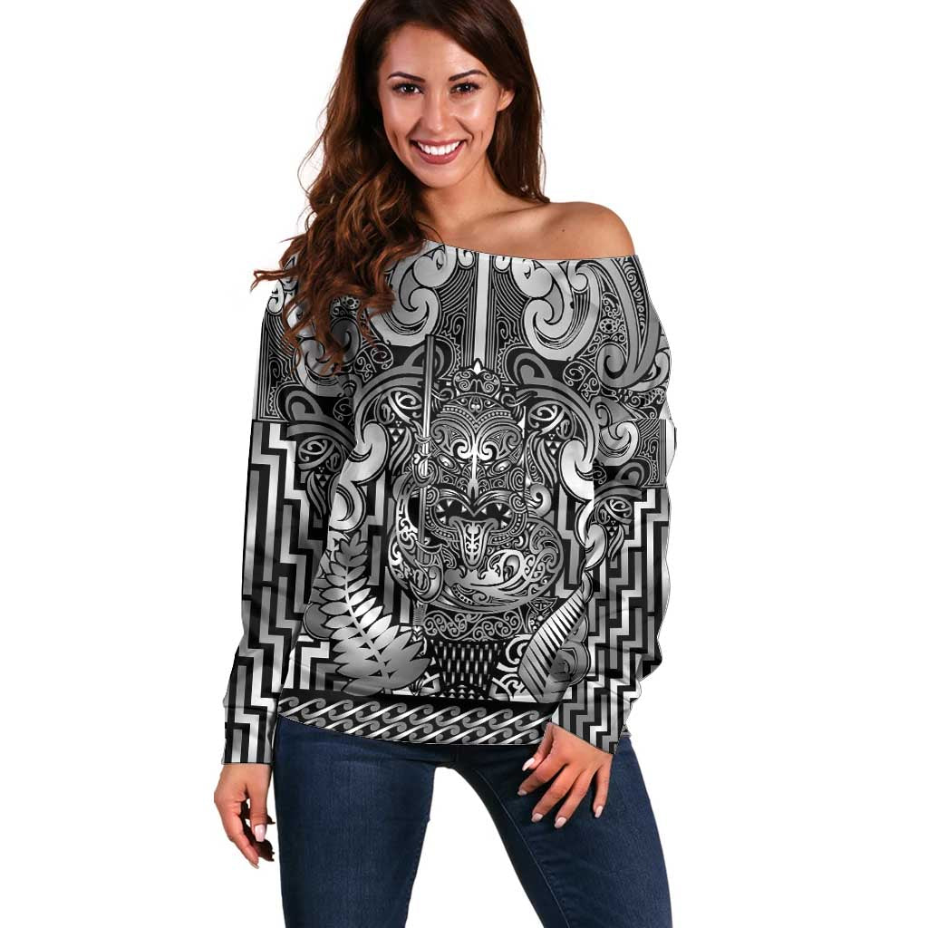 Custom New Zealand Taiaha Maori Off Shoulder Sweater Kiwikiwi Minimalist Silver Fern Tukutuku Motif LT9 Women White - Polynesian Pride