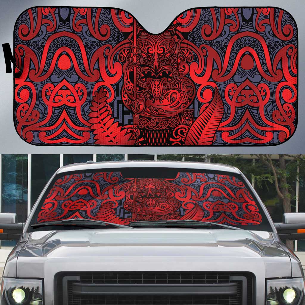 New Zealand Taiaha Maori Auto Sun Shade Whero Minimalist Silver Fern Tukutuku Motif LT9 Red - Polynesian Pride