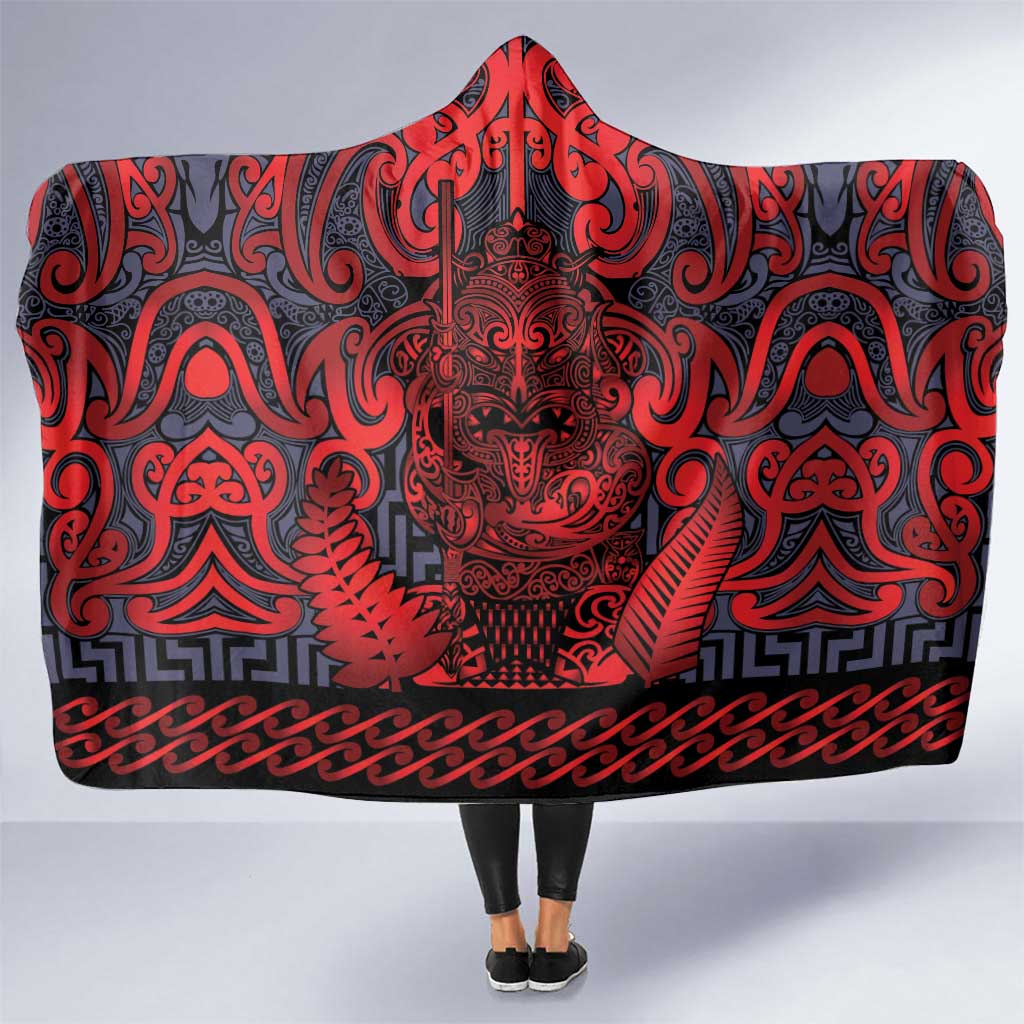 New Zealand Taiaha Maori Hooded Blanket Whero Minimalist Silver Fern Tukutuku Motif LT9 One Size Red - Polynesian Pride