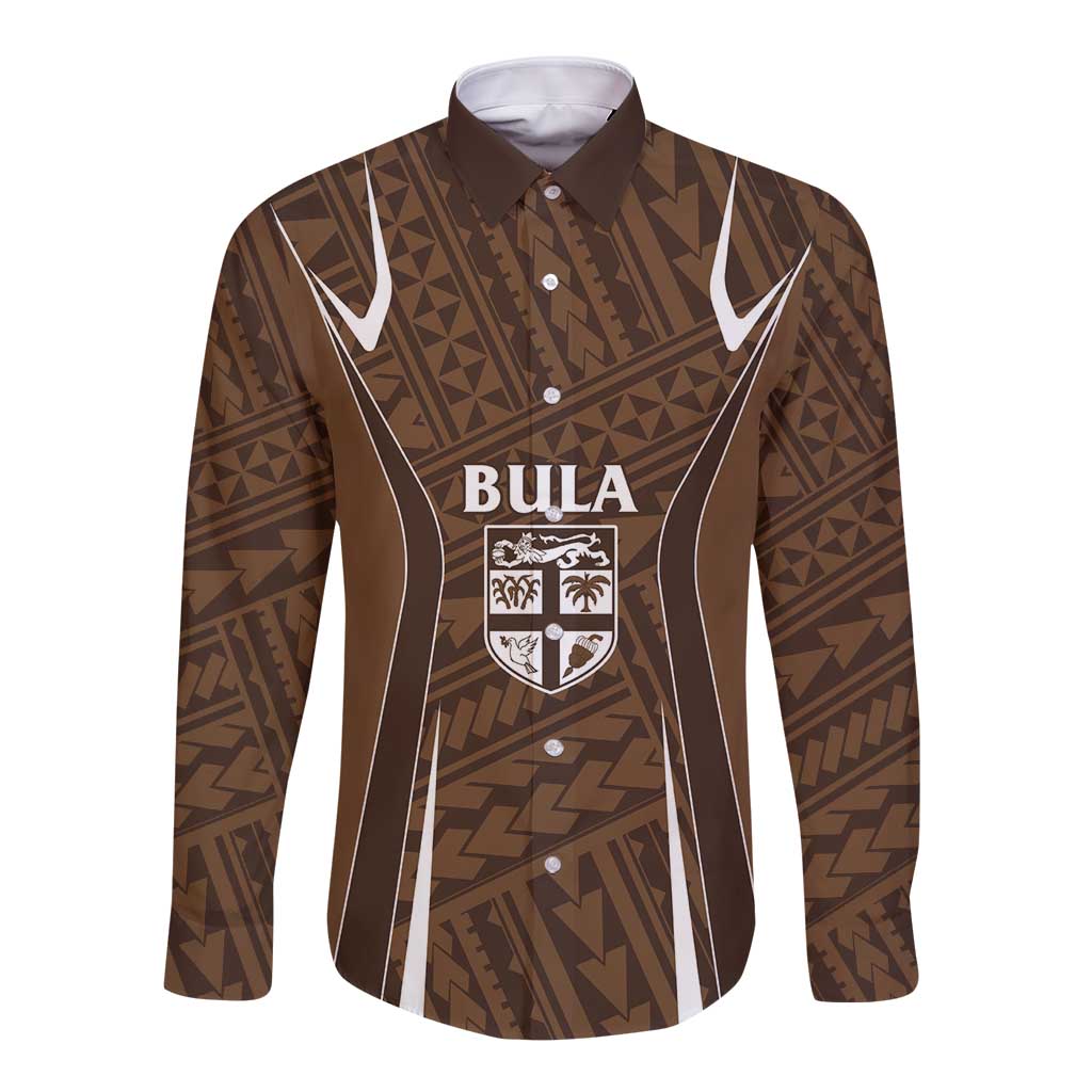 Custom Oceania Football Bula Fiji Long Sleeve Button Shirt Polynesian Tribal Pattern LT9 Unisex Brown - Polynesian Pride
