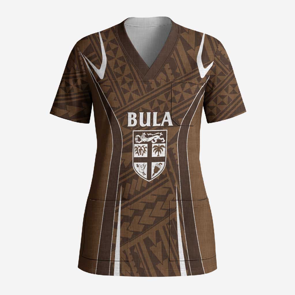 Custom Oceania Football Bula Fiji Scrub Top Polynesian Tribal Pattern LT9 Adult Brown - Polynesian Pride