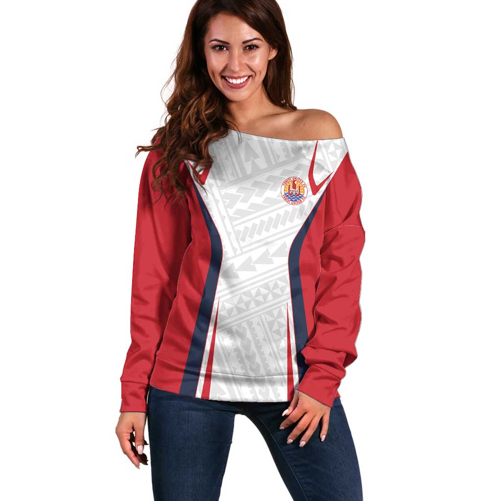 Custom Oceania Football Tahiti Off Shoulder Sweater Polynesian Tribal Pattern LT9 Women White - Polynesian Pride