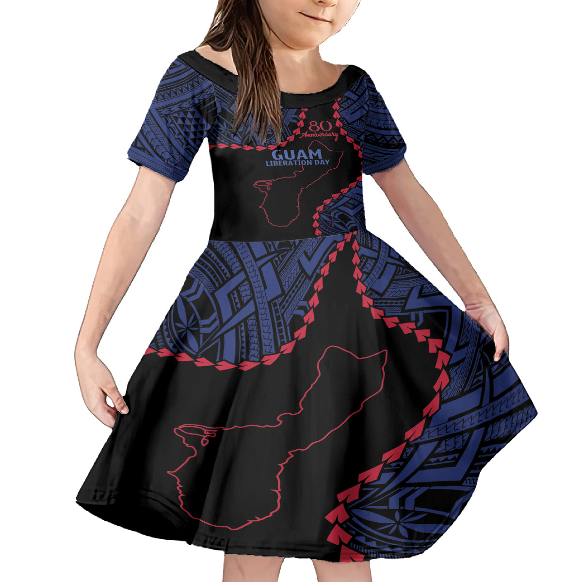 Personalized Guam 80th Anniversary Liberation Day Kid Short Sleeve Dress Guahan Basic Seal LT9 KID Black - Polynesian Pride