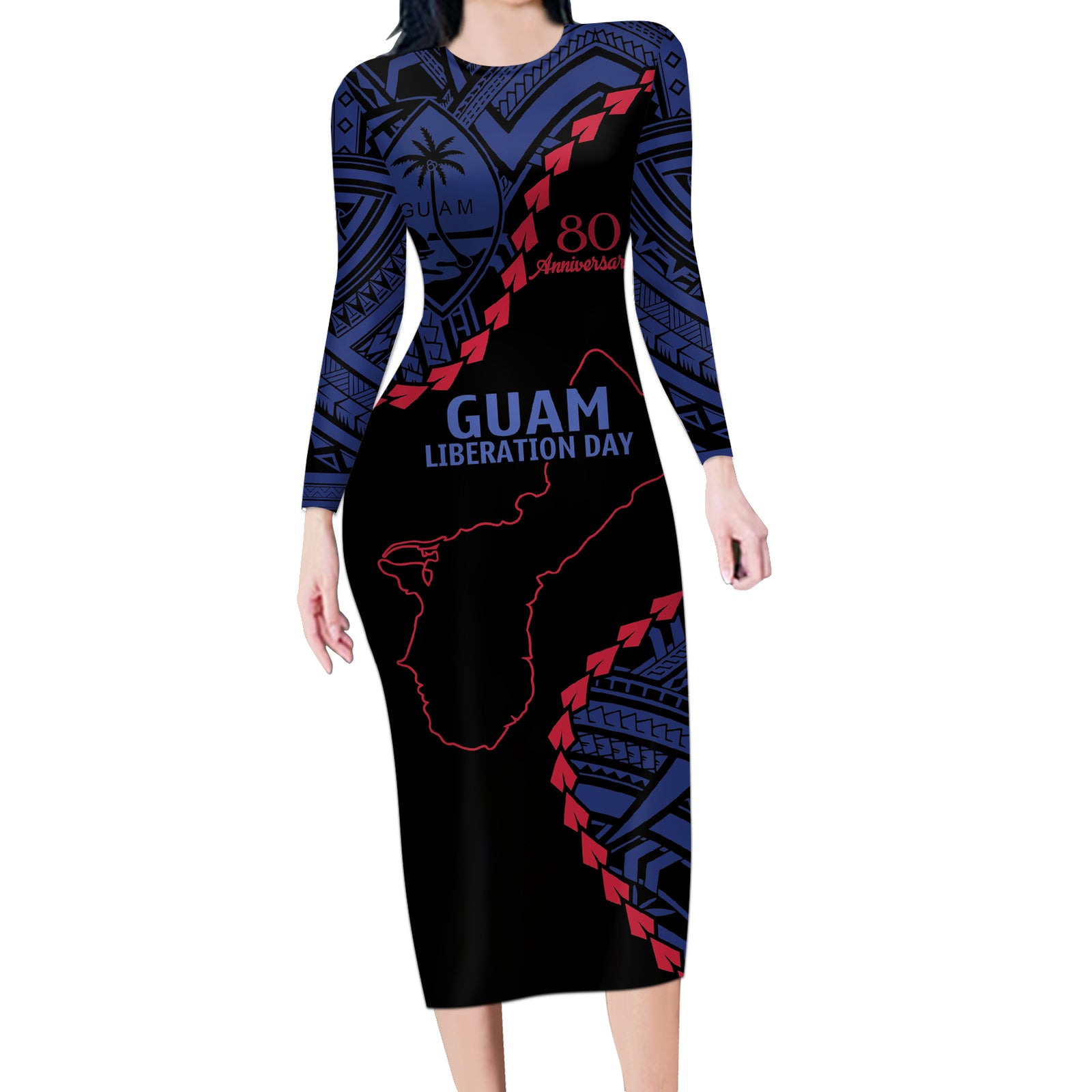 Personalized Guam 80th Anniversary Liberation Day Long Sleeve Bodycon Dress Guahan Basic Seal LT9 Long Dress Black - Polynesian Pride