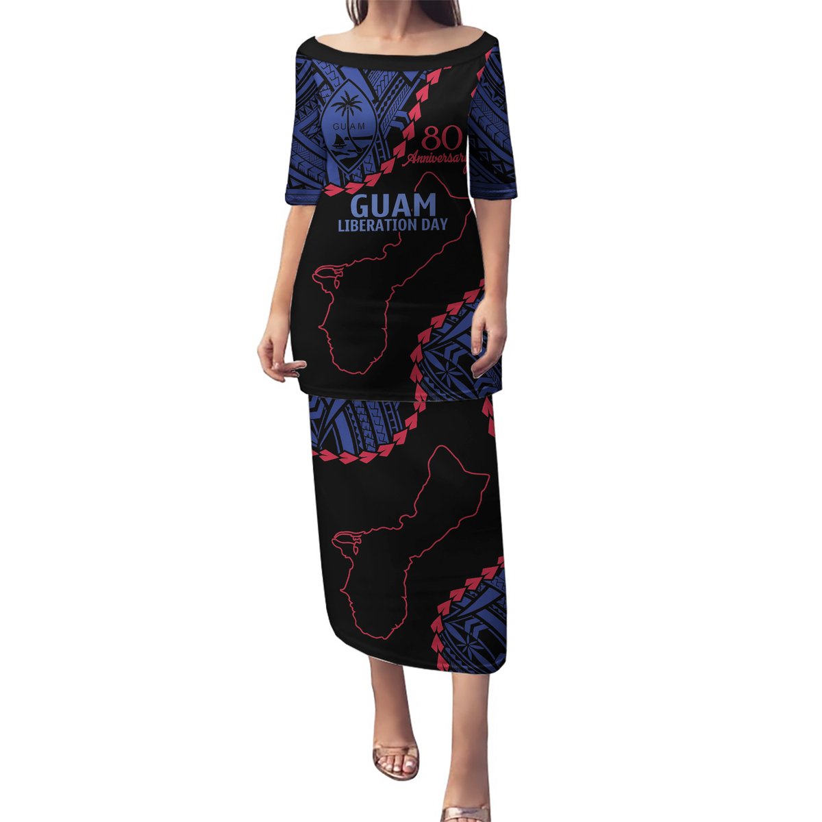 Personalized Guam 80th Anniversary Liberation Day Puletasi Guahan Basic Seal LT9 Long Dress Black - Polynesian Pride