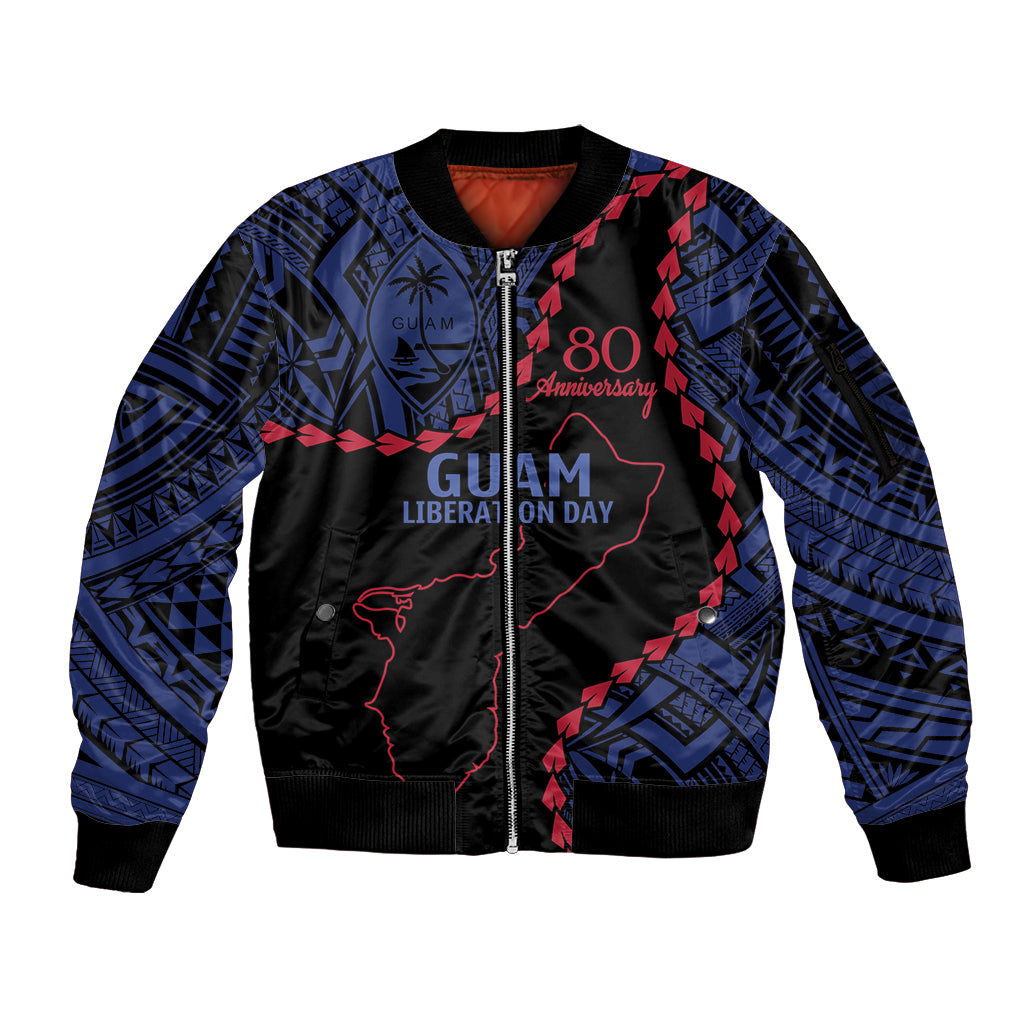 Personalized Guam 80th Anniversary Liberation Day Sleeve Zip Bomber Jacket Guahan Basic Seal LT9 Unisex Black - Polynesian Pride