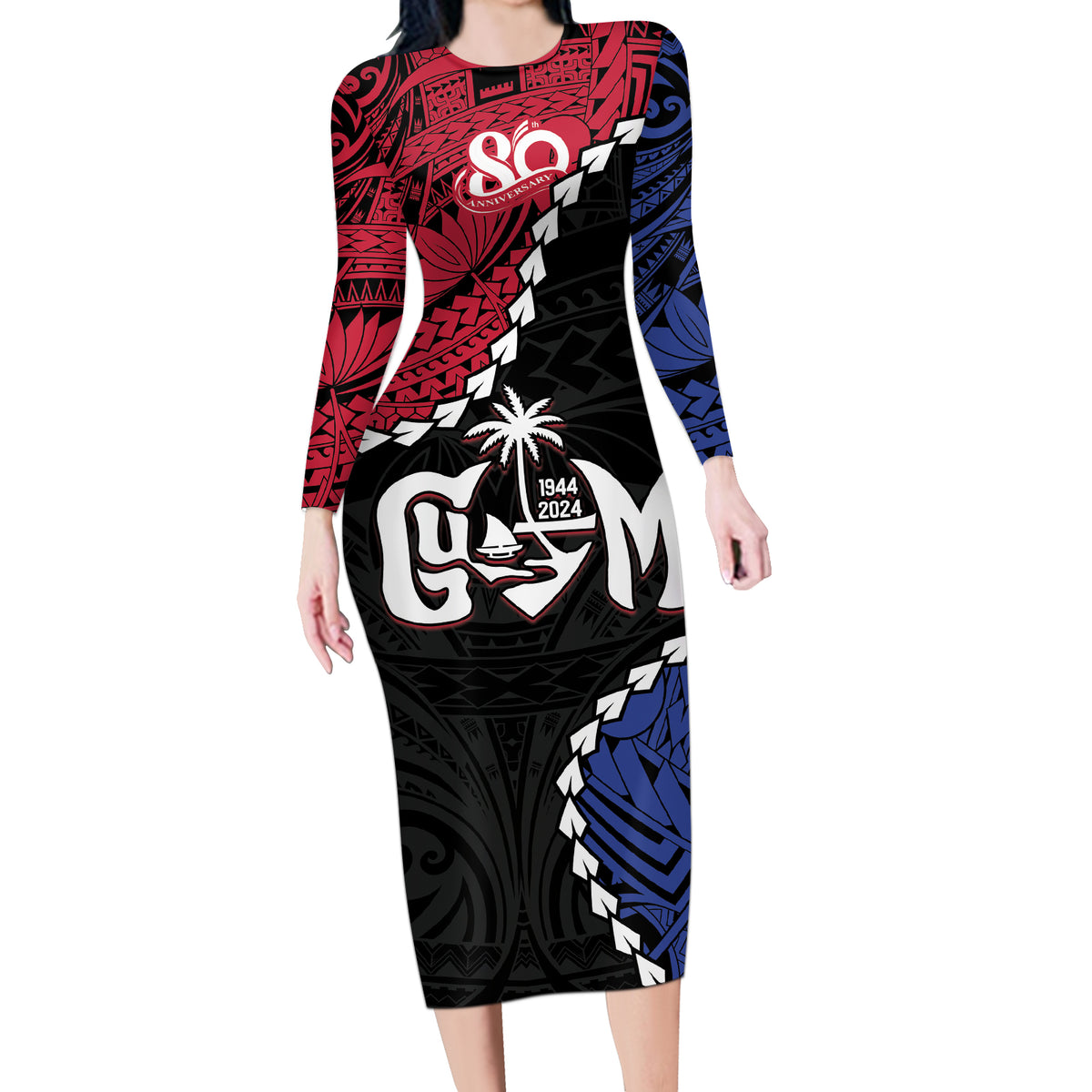 Personalized Guam 80th Anniversary Liberation Day Long Sleeve Bodycon Dress Tano I Man Chamoru Since 1944 LT9 Long Dress Black - Polynesian Pride