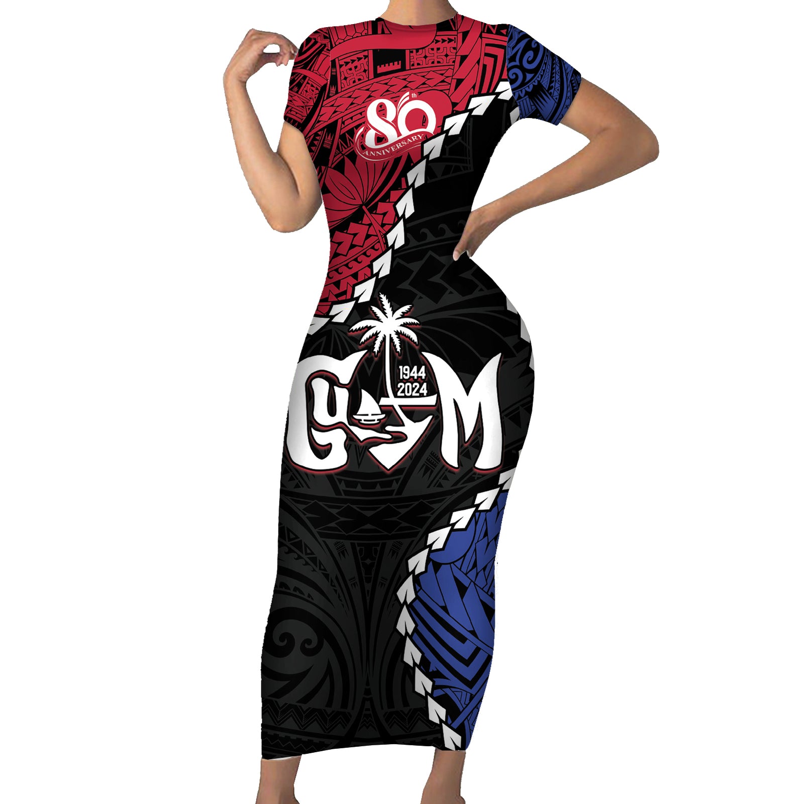 Personalized Guam 80th Anniversary Liberation Day Short Sleeve Bodycon Dress Tano I Man Chamoru Since 1944 LT9 Long Dress Black - Polynesian Pride