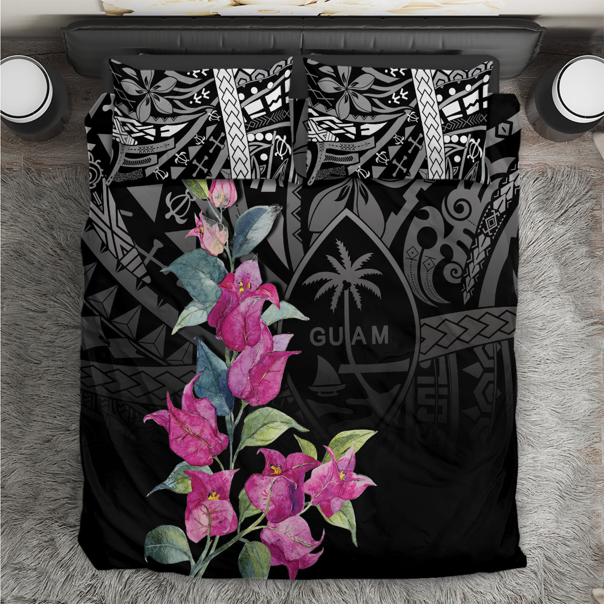 Guahan Puti Tai Nobiu Bedding Set Guam Bougainvillea Flower Art LT9 Black - Polynesian Pride