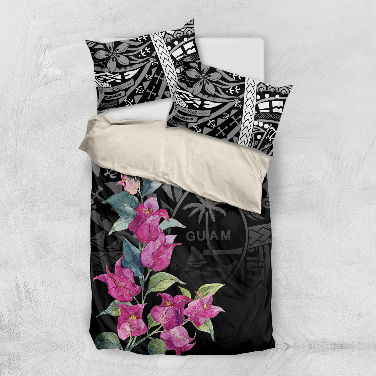 Guahan Puti Tai Nobiu Bedding Set Guam Bougainvillea Flower Art LT9 US Twin 172cm x 218cm Black - Polynesian Pride