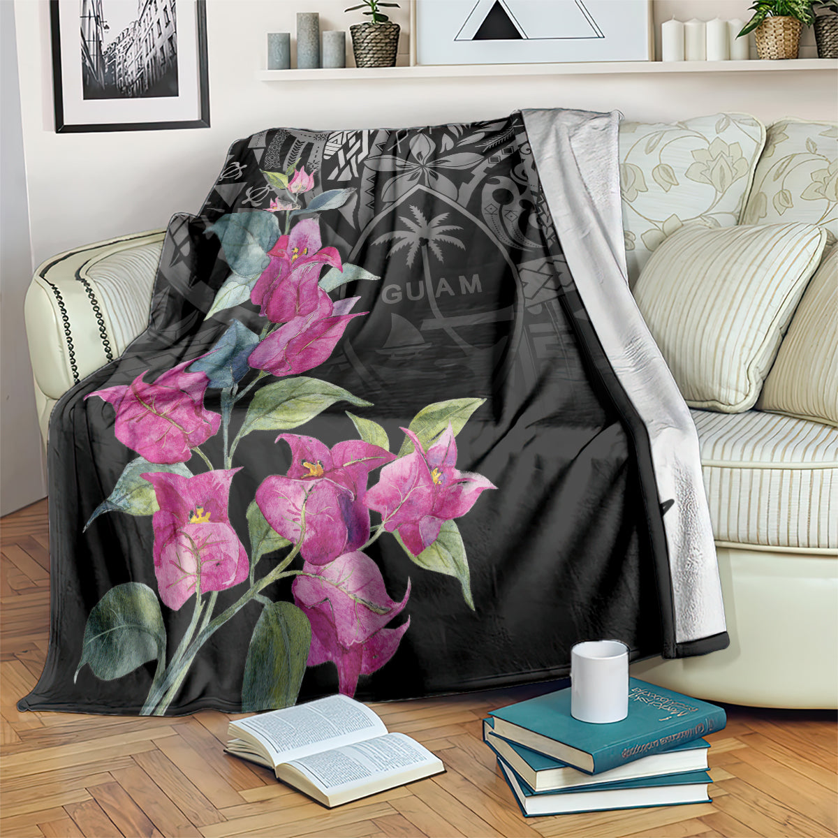 Guahan Puti Tai Nobiu Blanket Guam Bougainvillea Flower Art LT9 Black - Polynesian Pride