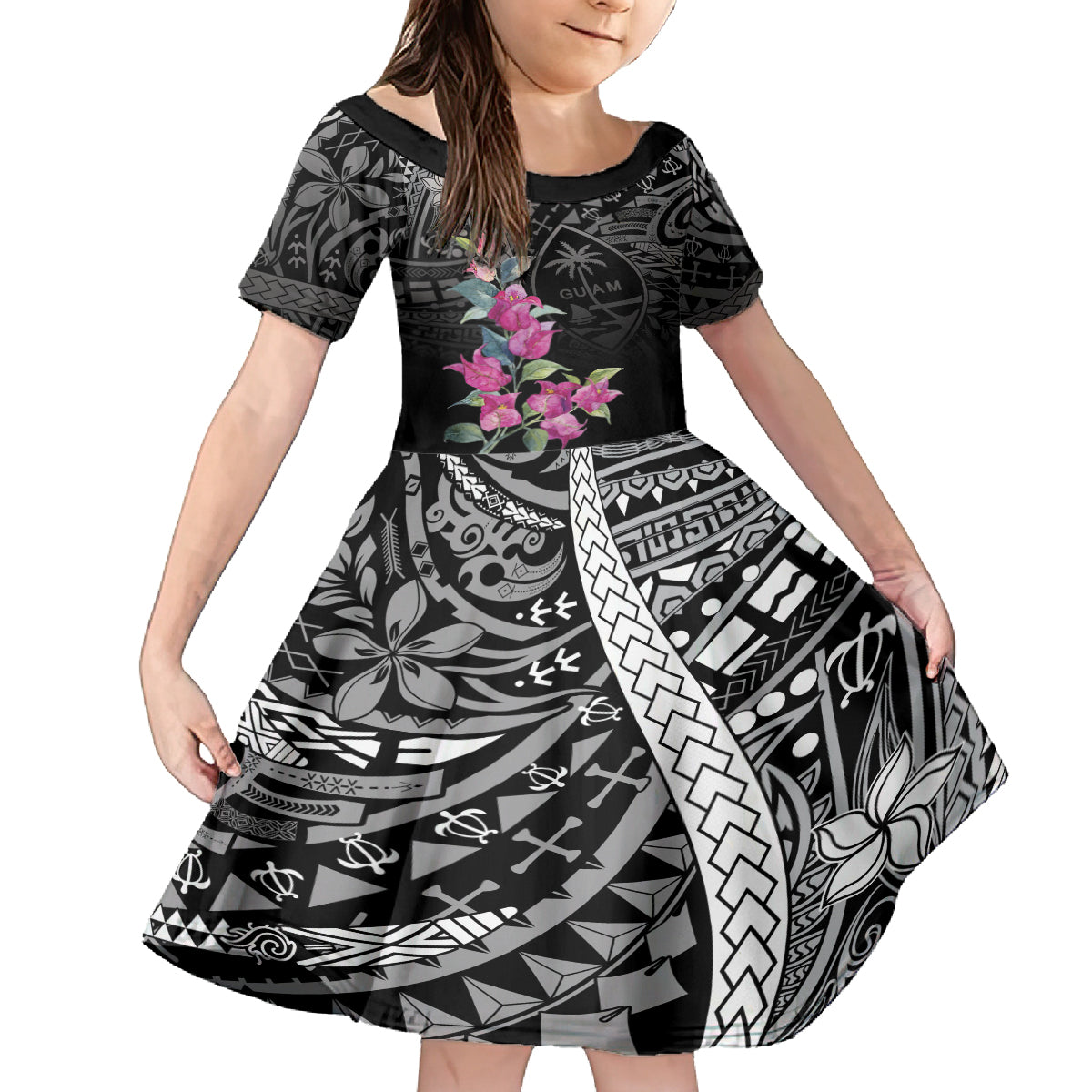 Guahan Puti Tai Nobiu Kid Short Sleeve Dress Guam Bougainvillea Flower Art LT9 KID Black - Polynesian Pride