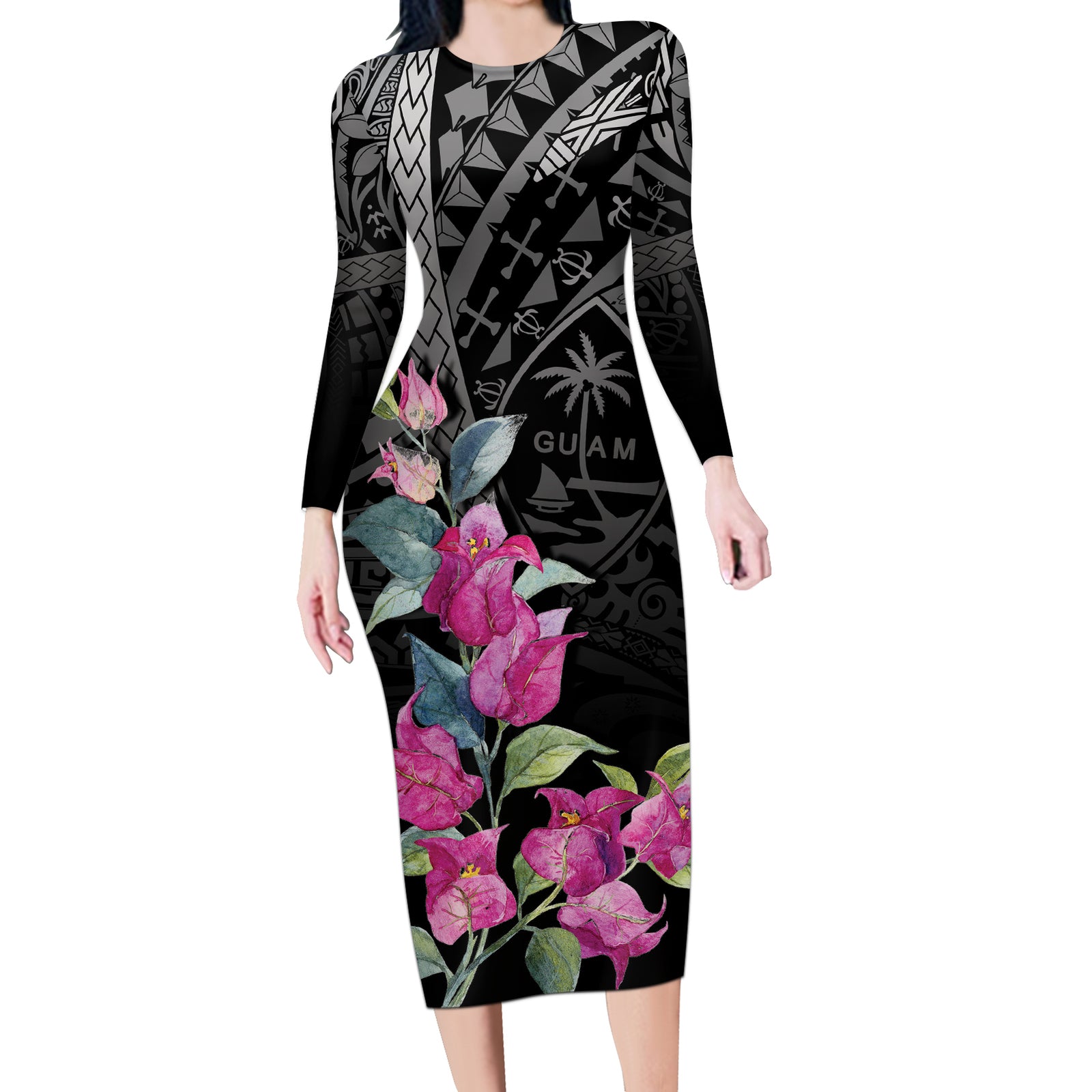 Guahan Puti Tai Nobiu Long Sleeve Bodycon Dress Guam Bougainvillea Flower Art LT9 Long Dress Black - Polynesian Pride