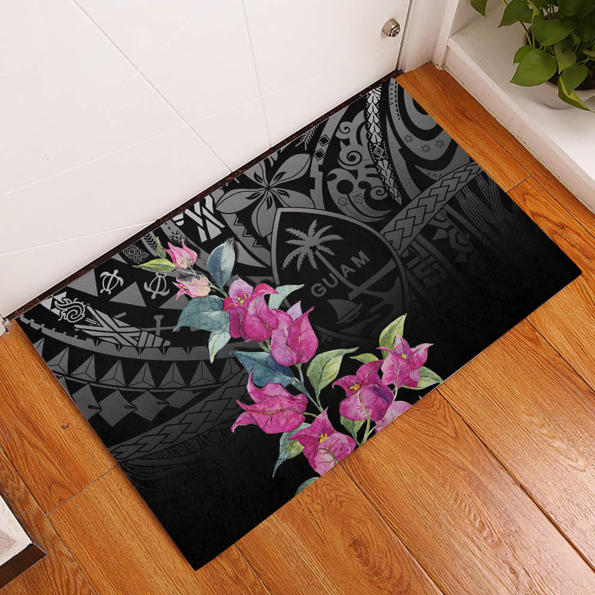 Guahan Puti Tai Nobiu Rubber Doormat Guam Bougainvillea Flower Art LT9 Black - Polynesian Pride
