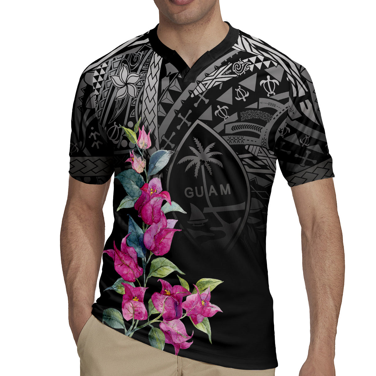 Guahan Puti Tai Nobiu Rugby Jersey Guam Bougainvillea Flower Art LT9 - Polynesian Pride