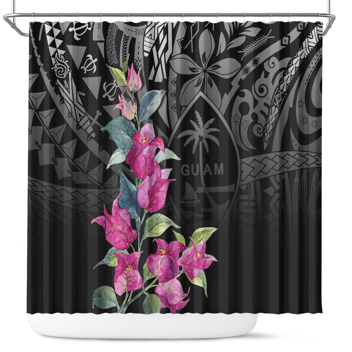Guahan Puti Tai Nobiu Shower Curtain Guam Bougainvillea Flower Art LT9 Black - Polynesian Pride