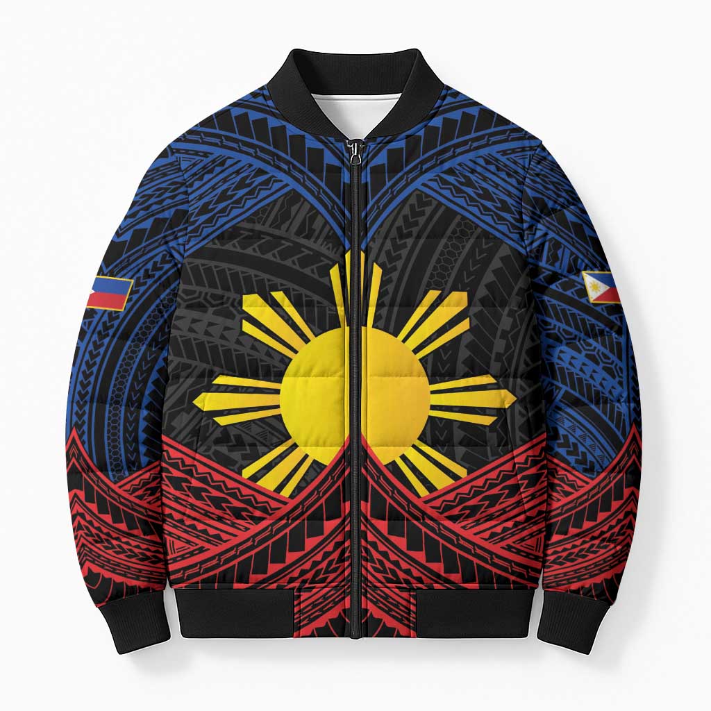 Personalized Philippines Bomber Puffer Jacket Polynesian Tribal Tattoo with Filipino Flag Motif LT9 Unisex Black - Polynesian Pride