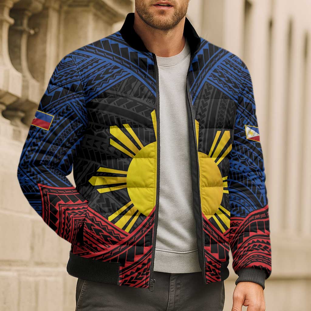Personalized Philippines Bomber Puffer Jacket Polynesian Tribal Tattoo with Filipino Flag Motif LT9 - Polynesian Pride