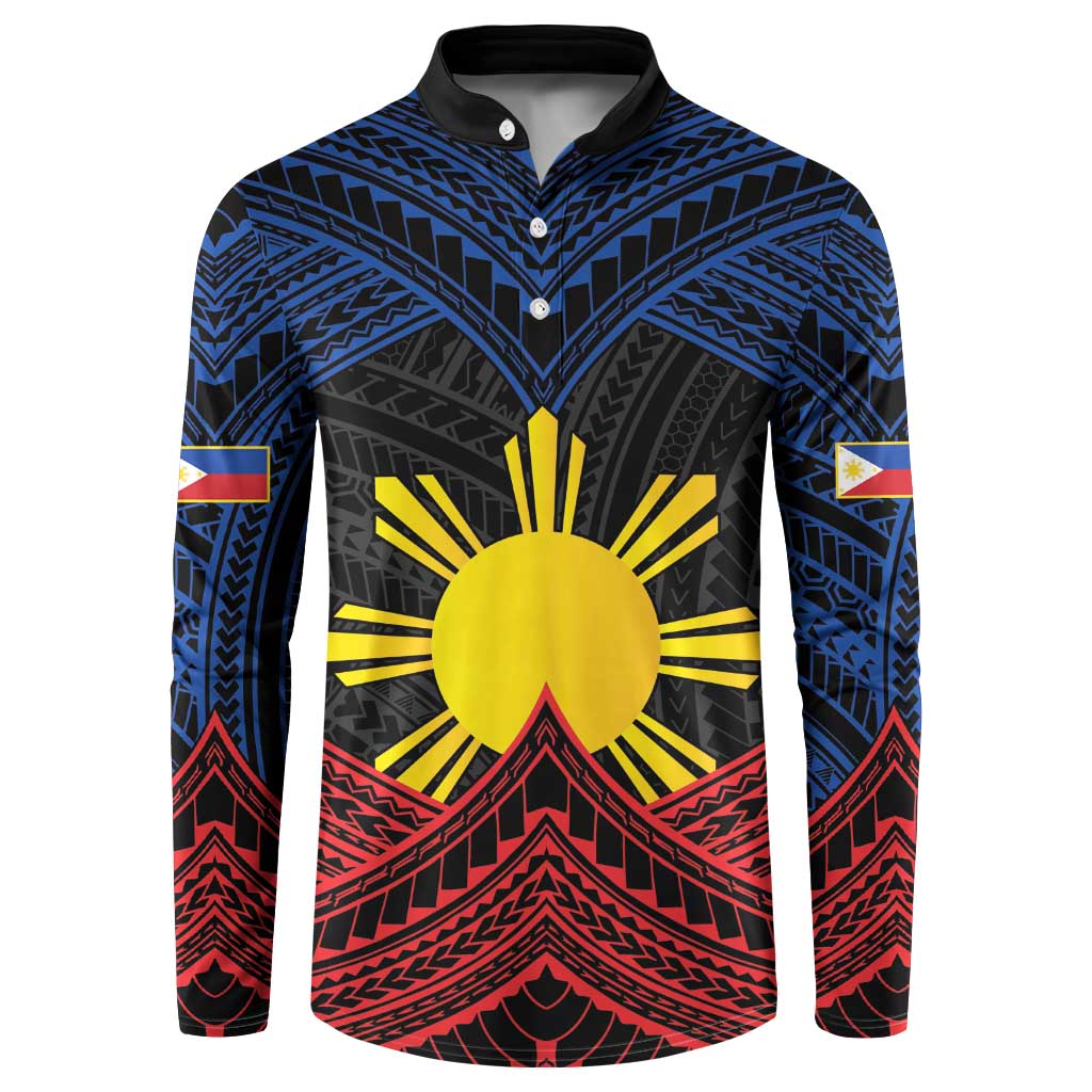 Personalized Philippines Button Sweatshirt Polynesian Tribal Tattoo with Filipino Flag Motif LT9 Black - Polynesian Pride