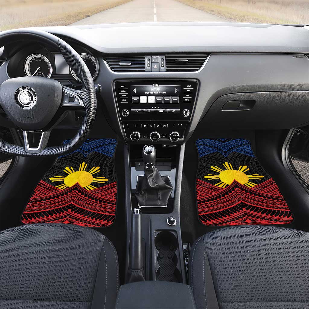 Personalized Philippines Car Mats Polynesian Tribal Tattoo with Filipino Flag Motif LT9 Set 2pcs - Front Black - Polynesian Pride