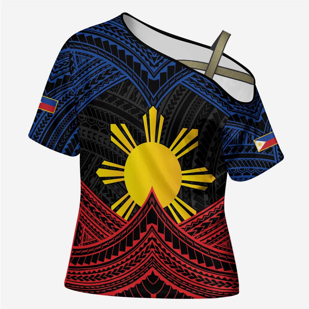 Personalized Philippines Cross Shoulder Shirt Polynesian Tribal Tattoo with Filipino Flag Motif LT9 Female Black - Polynesian Pride