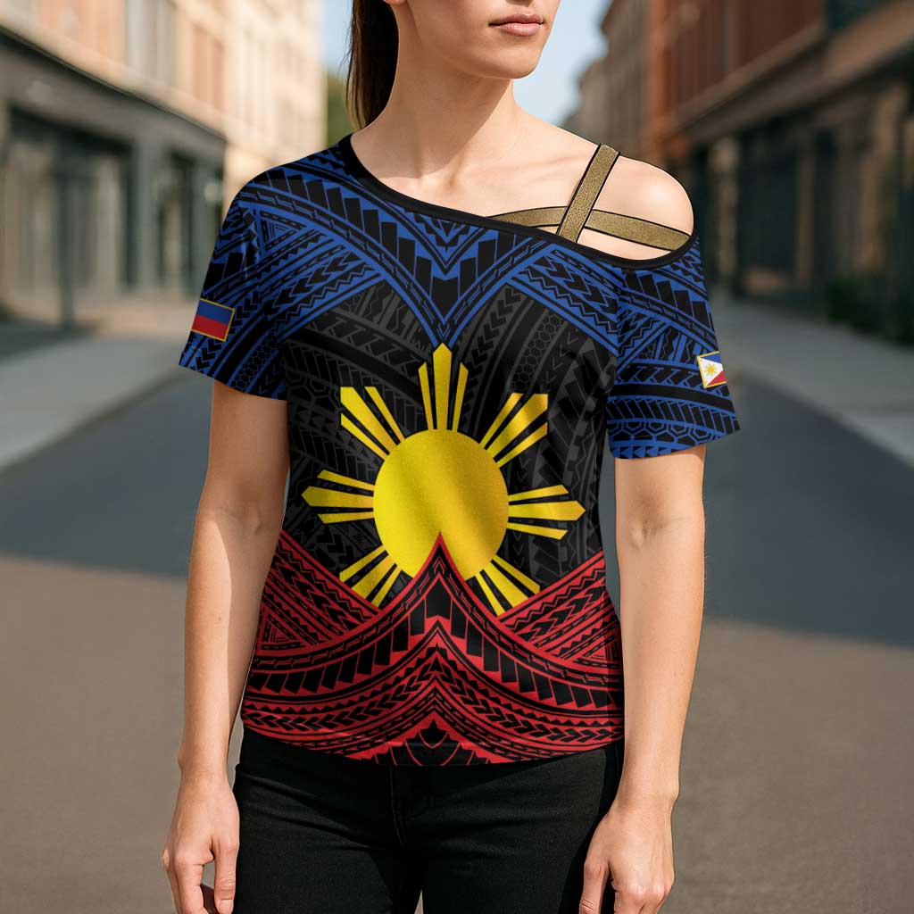 Personalized Philippines Cross Shoulder Shirt Polynesian Tribal Tattoo with Filipino Flag Motif LT9 - Polynesian Pride