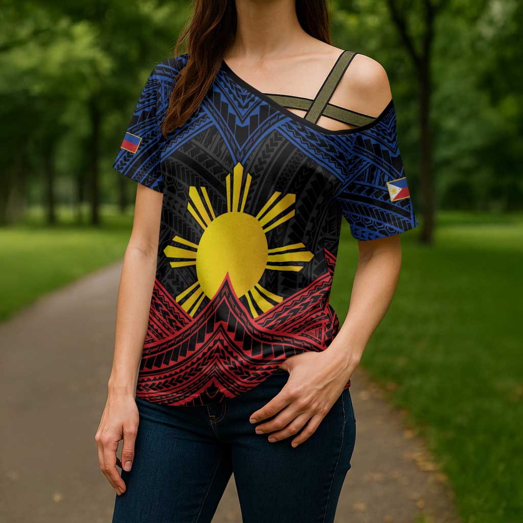 Personalized Philippines Cross Shoulder Shirt Polynesian Tribal Tattoo with Filipino Flag Motif LT9 - Polynesian Pride