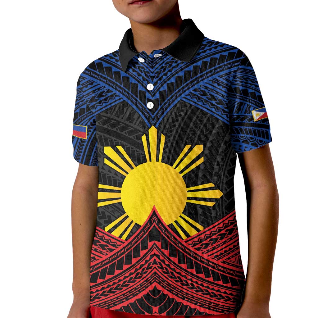 Personalized Philippines Kid Polo Shirt Polynesian Tribal Tattoo with Filipino Flag Motif LT9 Kid Black - Polynesian Pride
