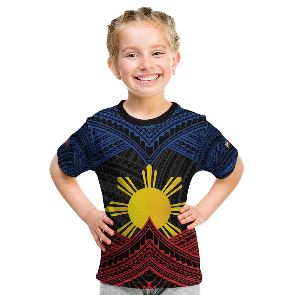Personalized Philippines Kid T Shirt Polynesian Tribal Tattoo with Filipino Flag Motif LT9 Black - Polynesian Pride