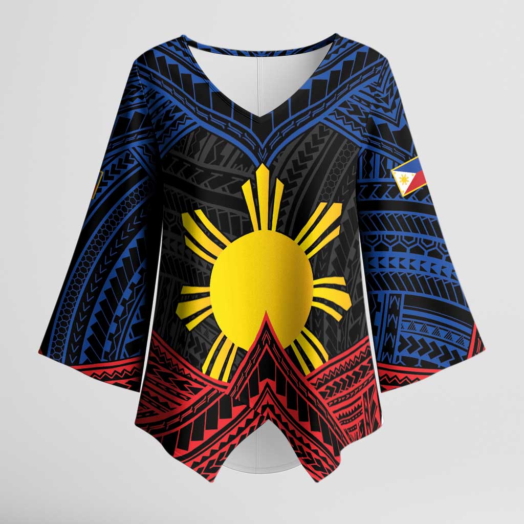 Personalized Philippines Kimono Sleeve Blouse Polynesian Tribal Tattoo with Filipino Flag Motif LT9 Female Black - Polynesian Pride