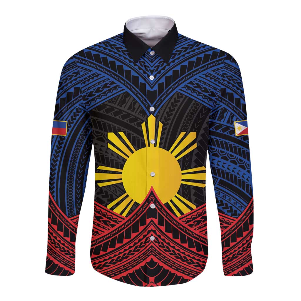 Personalized Philippines Long Sleeve Button Shirt Polynesian Tribal Tattoo with Filipino Flag Motif LT9 Unisex Black - Polynesian Pride