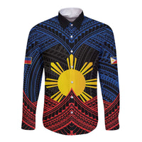 Personalized Philippines Long Sleeve Button Shirt Polynesian Tribal Tattoo with Filipino Flag Motif LT9 Unisex Black - Polynesian Pride