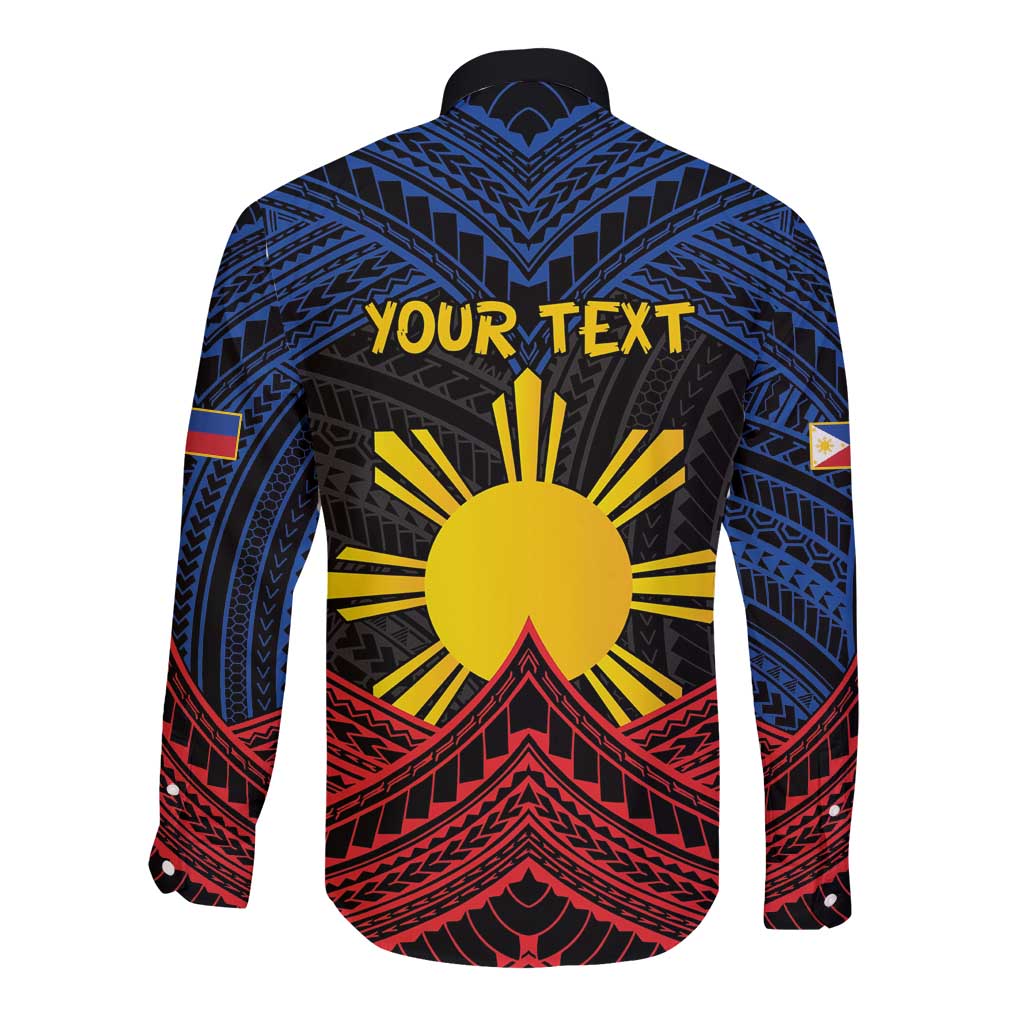 Personalized Philippines Long Sleeve Button Shirt Polynesian Tribal Tattoo with Filipino Flag Motif LT9 - Polynesian Pride
