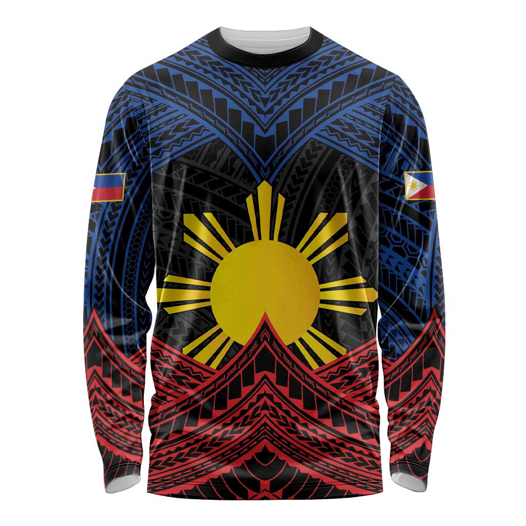 Personalized Philippines Long Sleeve Shirt Polynesian Tribal Tattoo with Filipino Flag Motif LT9 Unisex Black - Polynesian Pride
